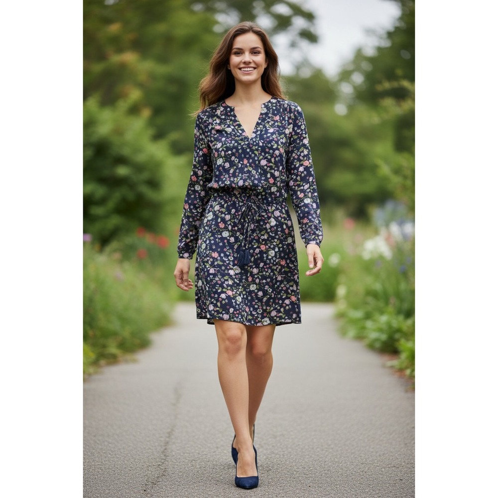 REBECCA TAYLOR 100% Silk Navy Floral Tassel Waist Mini Dress Long Sleeve S‎ $378